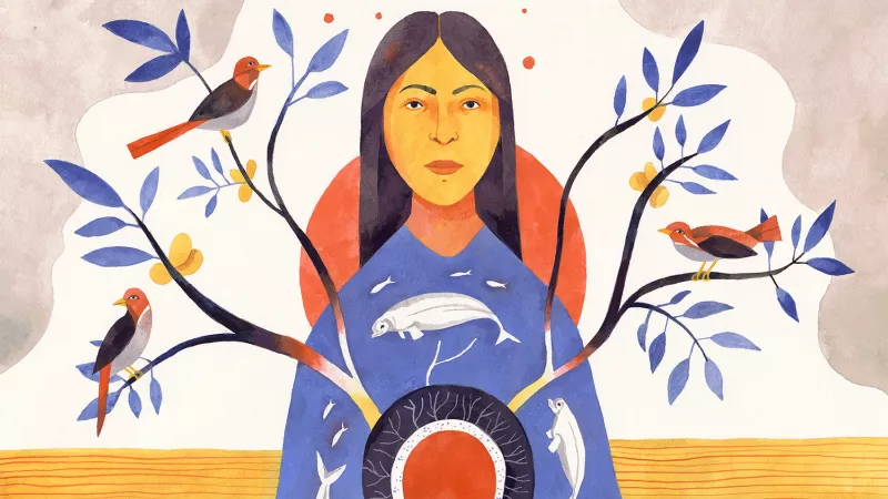 A drawing of a Native American woman wearing a purple sweater with tree branches extending from her shoulders.